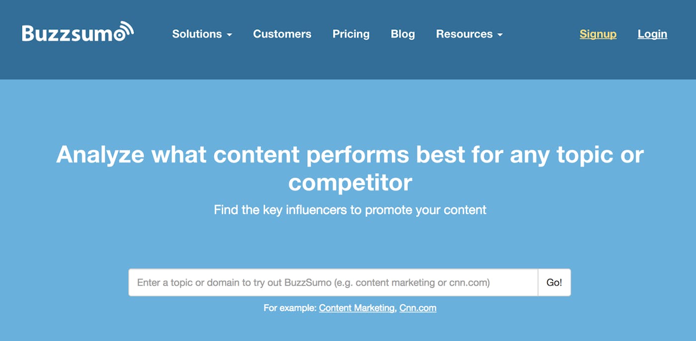 Buzzsumo با ارائه یک نگاه فوری به محتوای برتر برای هر موضوع ، برنامه ریزی و تولید محتوا را آسان تر می کند.