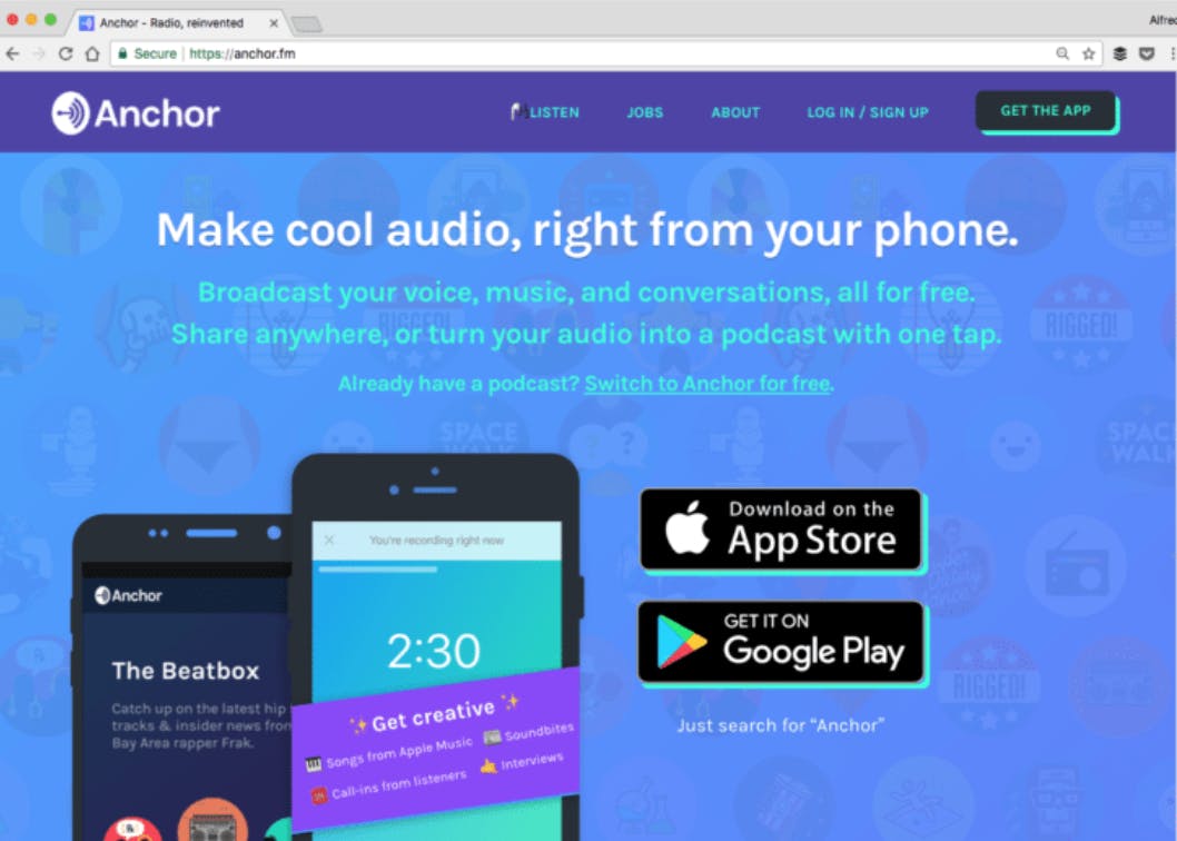 Anchor é uma plataforma de mídia social gratuita para áudio.  Com o aplicativo Anchor, os usuários podem criar facilmente vídeos e gravações de áudio perfeitos para compartilhar nas mídias sociais.