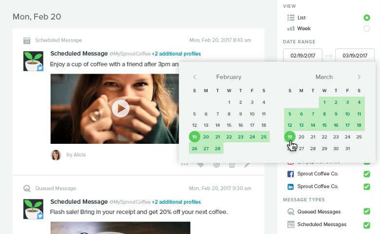 تقویم نشر Sprout Social به شما امکان می دهد تا پست ها را قبل از وقت برنامه ریزی کنید و به عنوان یک تیم کار کنید تا اطمینان حاصل کنید که هیچ کاری تکراری نیست و همیشه به محتوای خود پوشیده اید.  منبع: SproutSocial